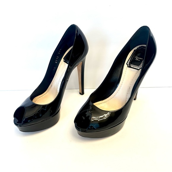 Christian Dior black patent leather peep toe heels, size 37.5 - Picture 1 of 14